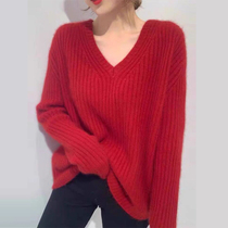 Sandro Mocoloni red V collar sweater womens autumn winter retro loose with slurred blouses for underhand jersey