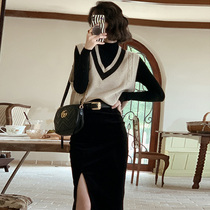 Sandro Mosquoloni Autumn Winter Clothing Temperament Port Wind Retro Chic Knit Horse Chia Half Body Dress Three Suits