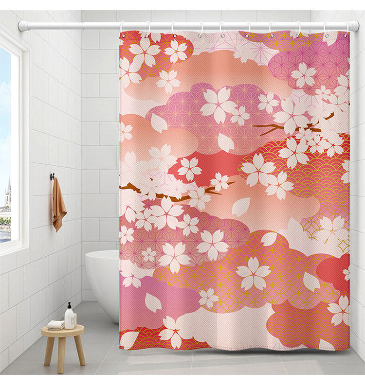 日式樱花浴室防水浴帘防霉加厚卫生间挂帘挡水条隔断免打孔磁吸帘
