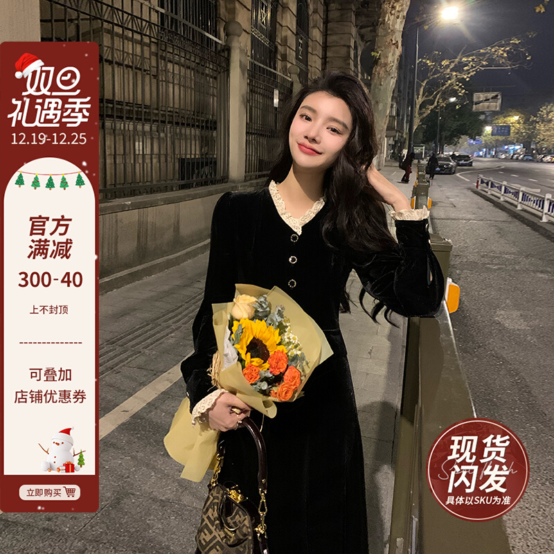 Deng Six Hebbon breeze Little black dress French style comeback collection waist display slim long sleeve velvet dress with dress lady autumn and winter senior sensation-Taobao