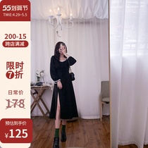 Spring dress 2022 new French style Herbene small black dress collection waist display slim temperament long dress black long sleeve one-piece dress