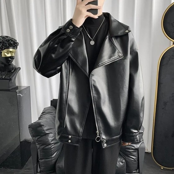 American retro motorcycle leather jacket men's autumn trendy brand diagonal zipper large lapel short pilot leather jacket men American retro motorcycle leather jacket men's autumn trendy brand diagonal zipper large lapel short pilot leather jacket men
