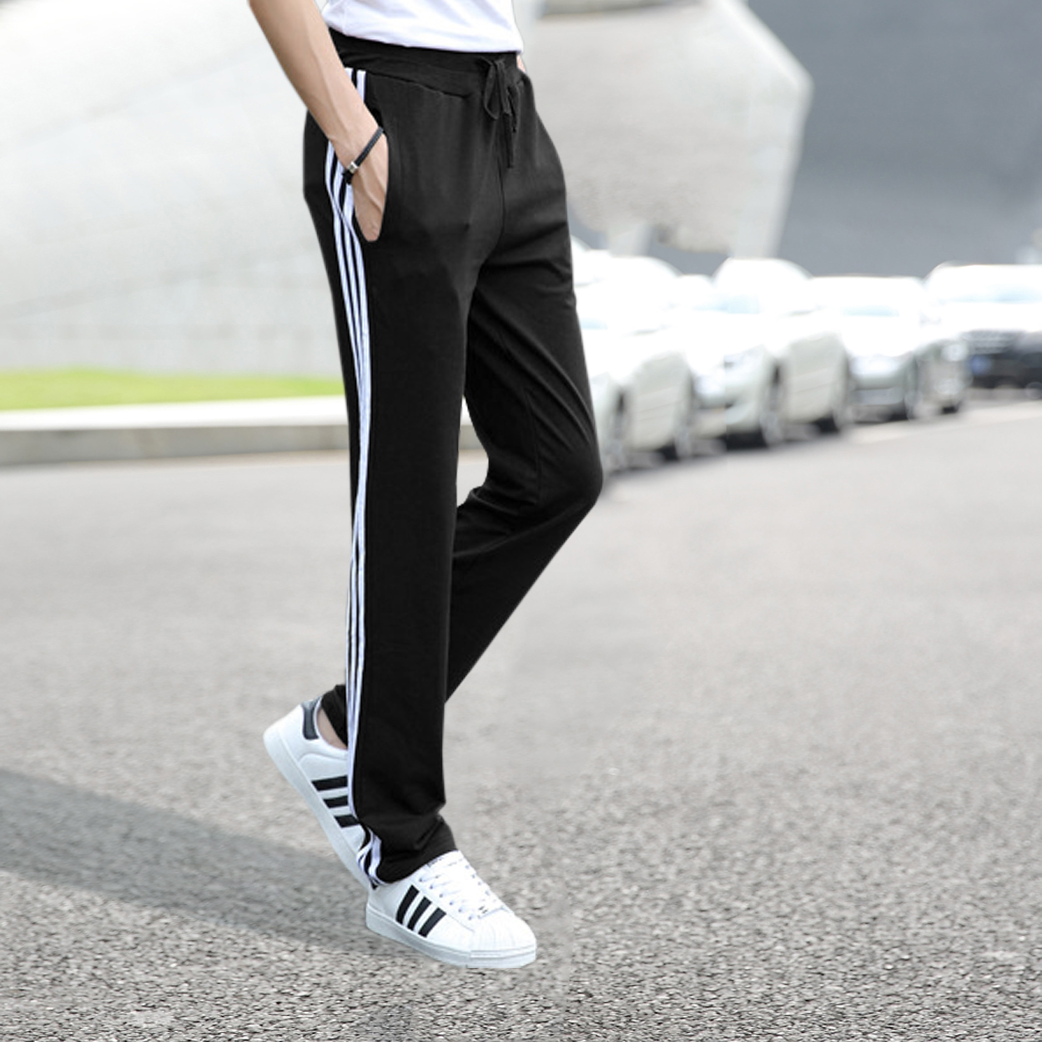 春秋男纯棉运动长裤修身透气三条杠宽松卫裤大码休闲直筒跑步裤子