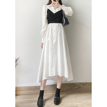 Lapel fake two temperament waist thin long shirt dress women