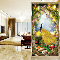 European art glass TV background wall partition screen porch living room modern deep carved frosted golden screen Peacock