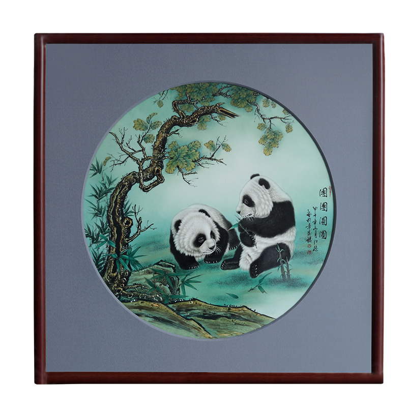 Jingdezhen porcelain plate painting panda rectangular solid wooden frame, hang a picture to the sitting room sofa study porch decoration in the background