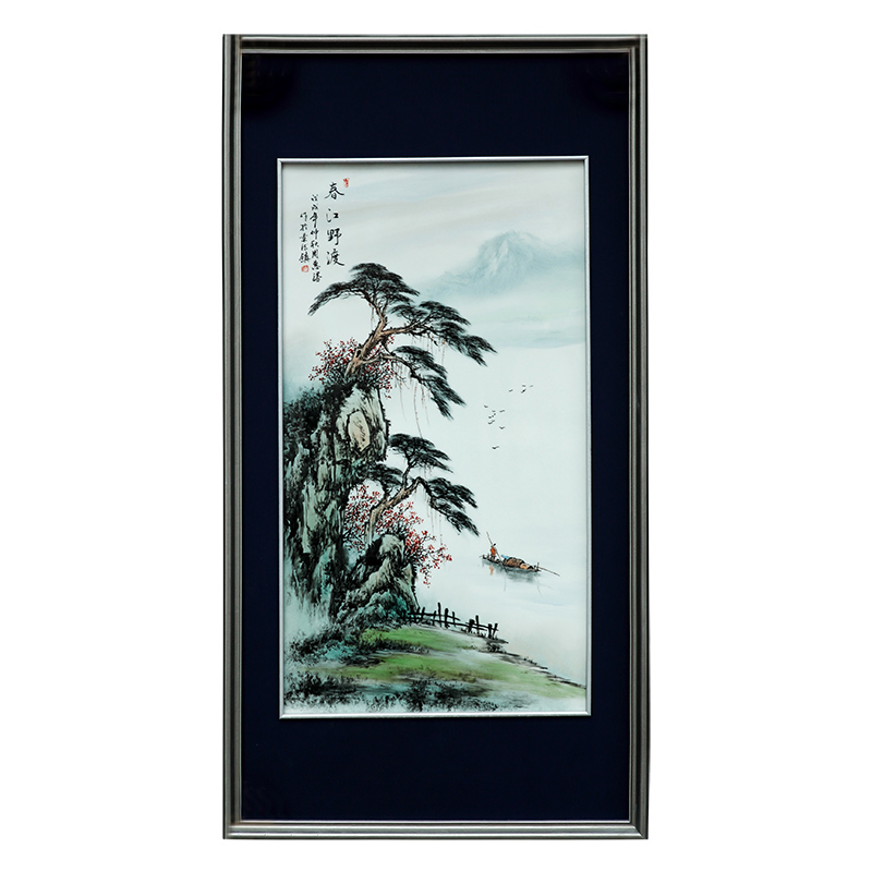 Jingdezhen porcelain plate painting hand - made of new Chinese style household hangs a picture sitting room landscapes mural decoration solid wooden frame