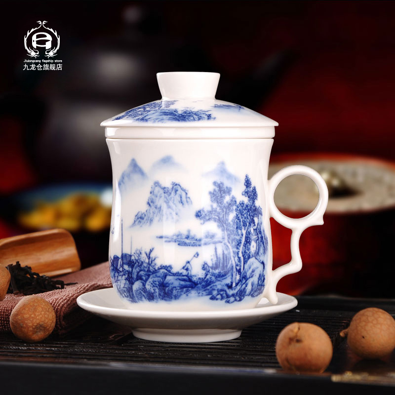 DH jingdezhen blue and white porcelain cup with cover household filter tea mugs office keller cup tea set