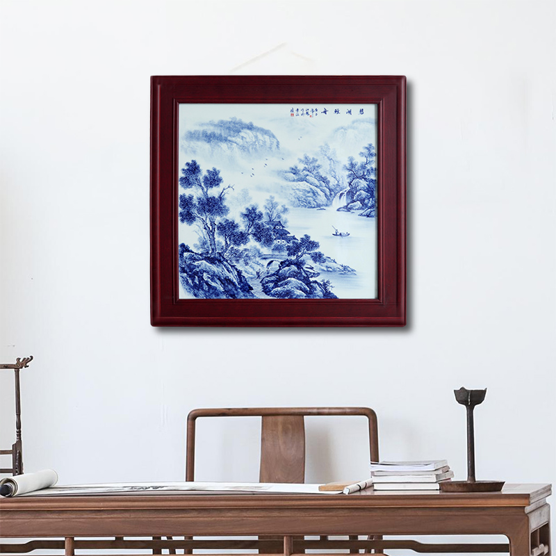 Jingdezhen porcelain plate painting Chinese blue and white solid is hand - made wooden frame, square landscape painting the sitting room is the study of single adornment