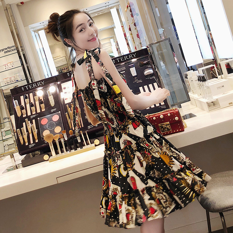 upraise 2018新款女装中长显瘦收腰连衣裙吊带透气裙子女 a1l100