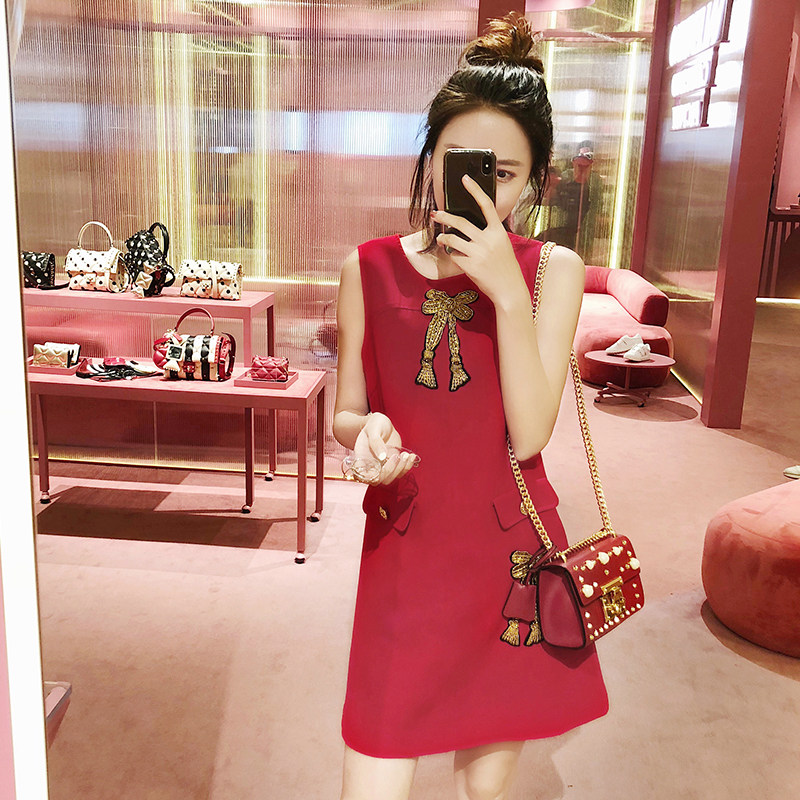 upraise 连衣裙女夏季新款女装潮无袖显瘦优雅蝴蝶结裙子a1l102