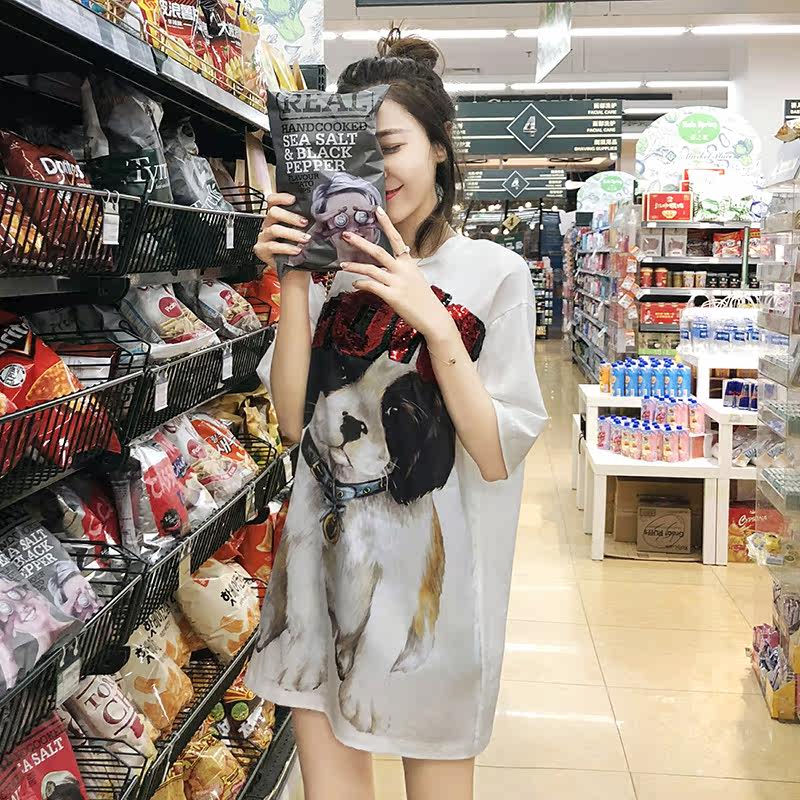 upraise 夏季新款女装狗狗图案印花t恤圆领宽松舒适上衣 a1t36