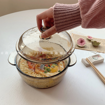 ins Korean style brown glass double ear pot with lid instant bowl snail powder large capacity chicken soup bowl high temperature