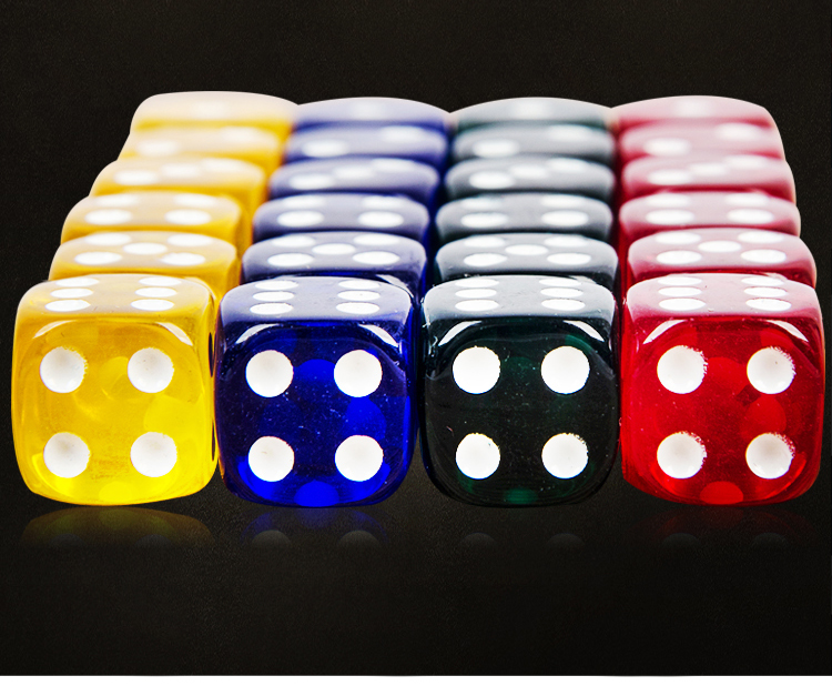 16mm圆角彩色透明色子24粒套装骰子(透明蓝,绿,黄,红各6粒)