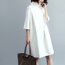 Clear Washing Pure Color High Collar Thickened Knit Cotton Middle Sleeve Bottom Tandem Dress Loose 100 lapped white