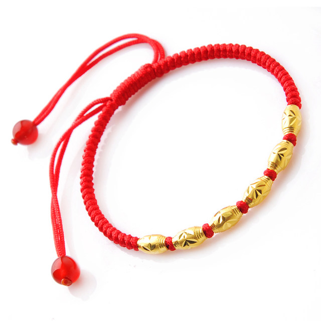 zodiac ປີເຊືອກສີແດງ 24K pure gold transfer bead anklet gold bead red rope handmade anklet couple men and women handwoven