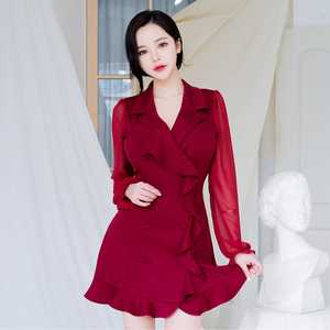 2020 spring new Korean elegant ear edge deep V-Neck long sleeve dress