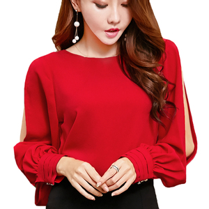 Round neck open back bow Lantern Sleeve loose and versatile shirt