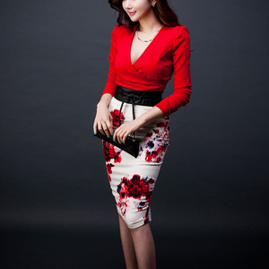 Deep V Top + printed buttock two piece dress