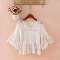  Hollow blouse womens summer short skirt outside doll shirt fairy top Korean horn sleeve lace small shawl
