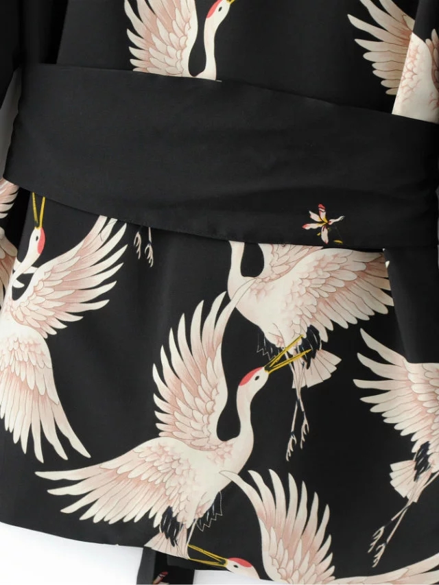 欧美2017春夏装女士仙鹤印花束带和服式西装外套现货2049/603