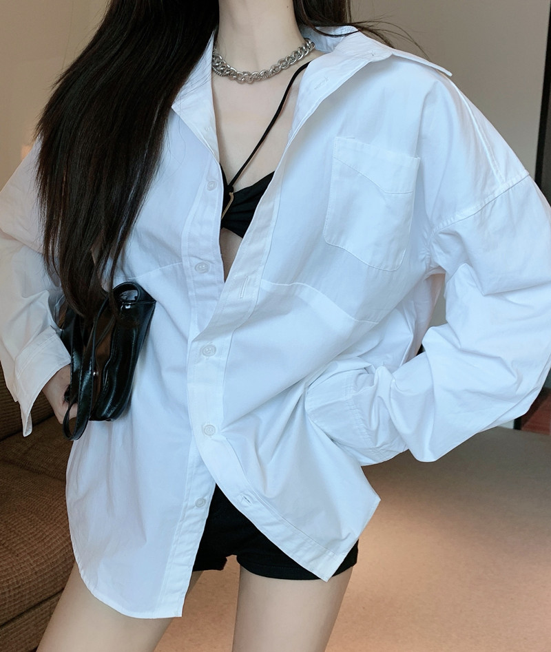 实拍实价 男朋友风白衬衫女中长款宽松衬衣 褶皱性感黑色胸罩bra