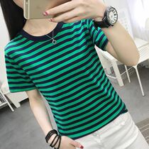 Flower Lake T-shirt 2021 pure cotton striped short-sleeved T-shirt women (M-4XL) (90-160 catty can wear)
