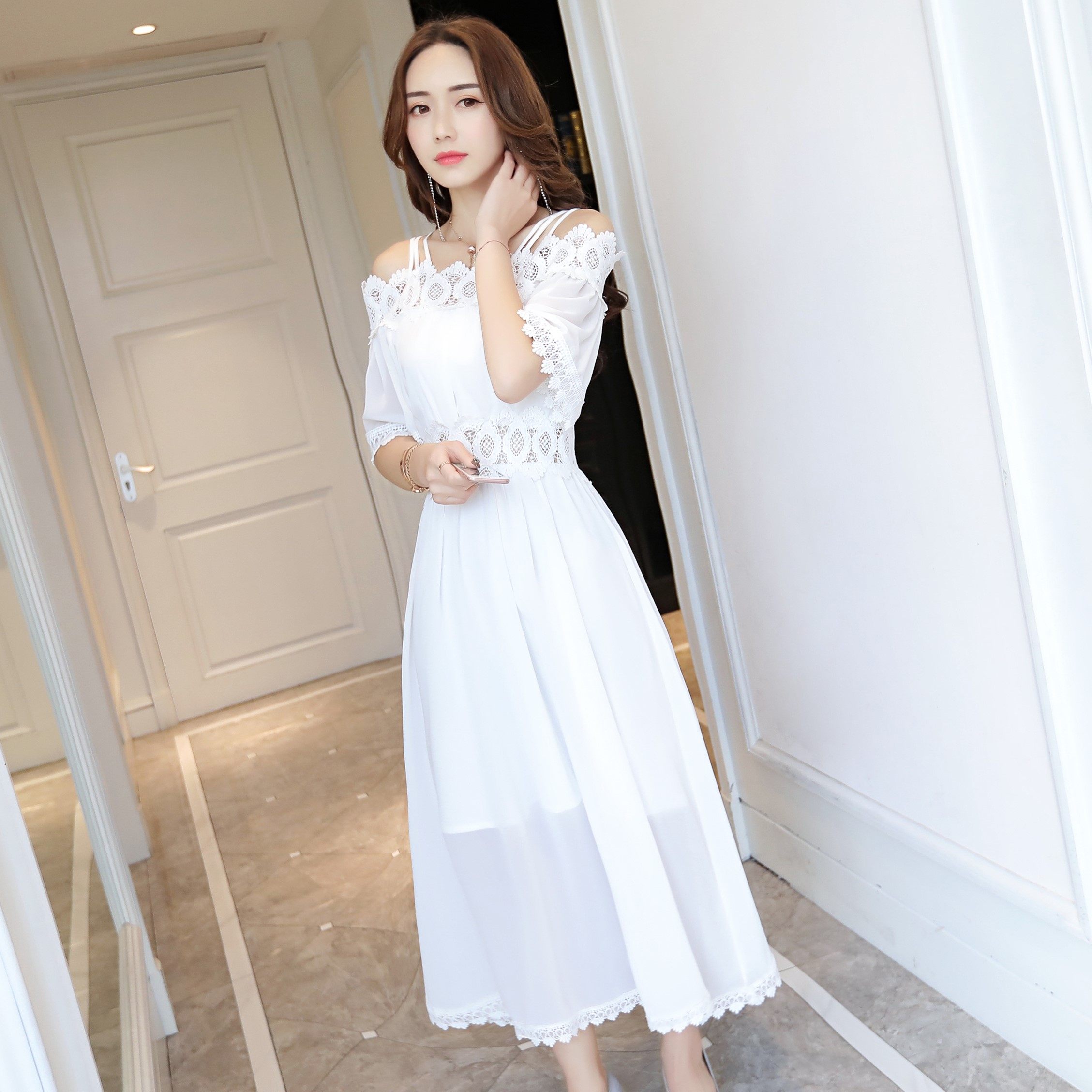 2017夏季新款女潮夏天衣服气质淑女吊带裙子一字肩柔美雪纺连衣裙