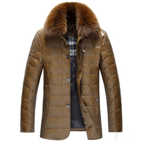 Winter new Haining mens leather jacket down jacket mens thick slim fox fur collar mens jacket