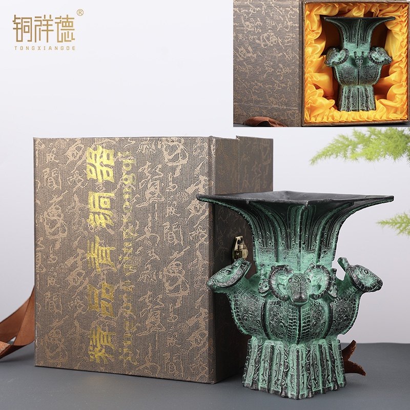 青銅器古擺件四羊方尊酒尊酒器古玩銅工藝品擺飾做舊廠家直銷