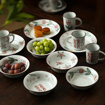Original Jingdezhen hand-painted pastoral fruit plate coarse pottery retro old dessert plate dish round tableware