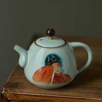 Jingdezhen hand-painted Peking Opera beauty kung fu teapot quaint pottery Ru kiln open film can raise large bubble teapot