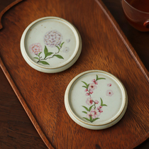 Van Yue original full hand-painted peach blossom hydrangeas drum cover set retro literati teapot kung fu tea set round coaster