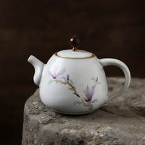 Quaint Ru kiln open hand-painted purple magnolia filter kung fu tea set household teapot Jingdezhen bubble teapot can be raised