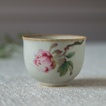 Jingdezhen simple rough pottery full hand-painted peony flower small tea cup tea master Cup kung fu tea set ceramic single Cup