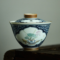 Fanyue Jingdezhen ceramic antique hand-painted lotus flower under glaze blue and white chrysanthemum cover Bowl kung fu tea hand grab tea bowl