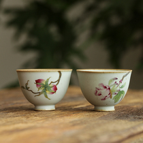 Jingdezhen coarse pottery full hand-painted peony peach fruit lotus tea cup tea master Cup kung fu tea set ceramic single Cup