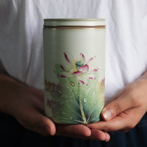 Hand-painted Lotus lotus tea jar small green citrus White Tea Green Tea storage dried fruit snack pot coarse pottery wake-up tea sealed jar