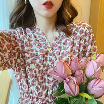 Berry like you and happy big Pang custom retro French skirt V collar floral dress female autumn