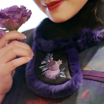 Zhus original (Rui Xue Feng Year) black heavy satin fragrant cloud yarn embroidery Two sides wearing otters rabbit fur collar surrounding neck back