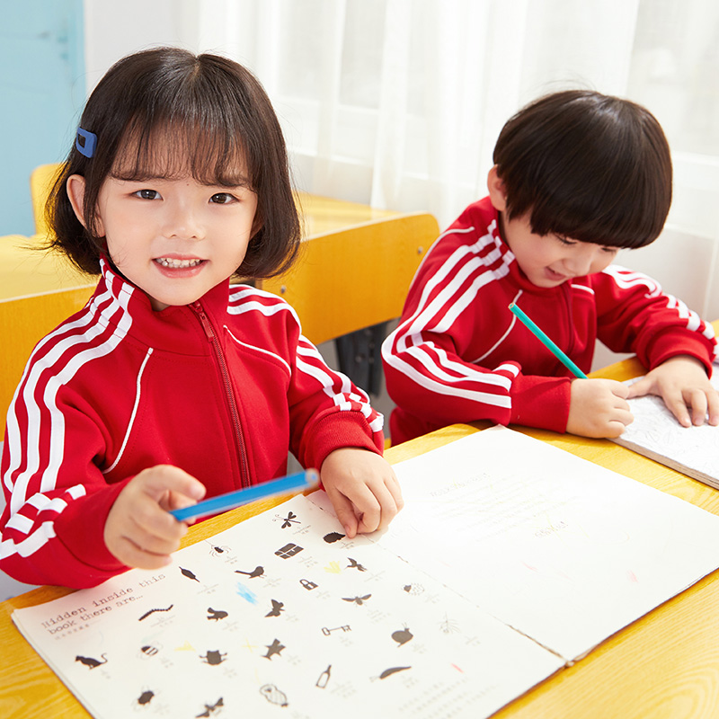 Classic kindergarten uniforms spring and autumn clothes cotton red black suit primary school uniforms three bars white edge sportswear