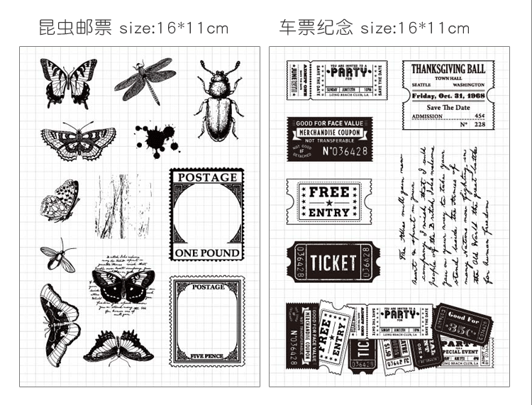week bar复古人物邮票硅胶透明印章手帐车票墨迹装饰橡皮章