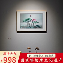 Su embroidery finished hanging painting pure handmade living room dining room porch corridor bedroom decoration painting pure hand embroidery painting lotus