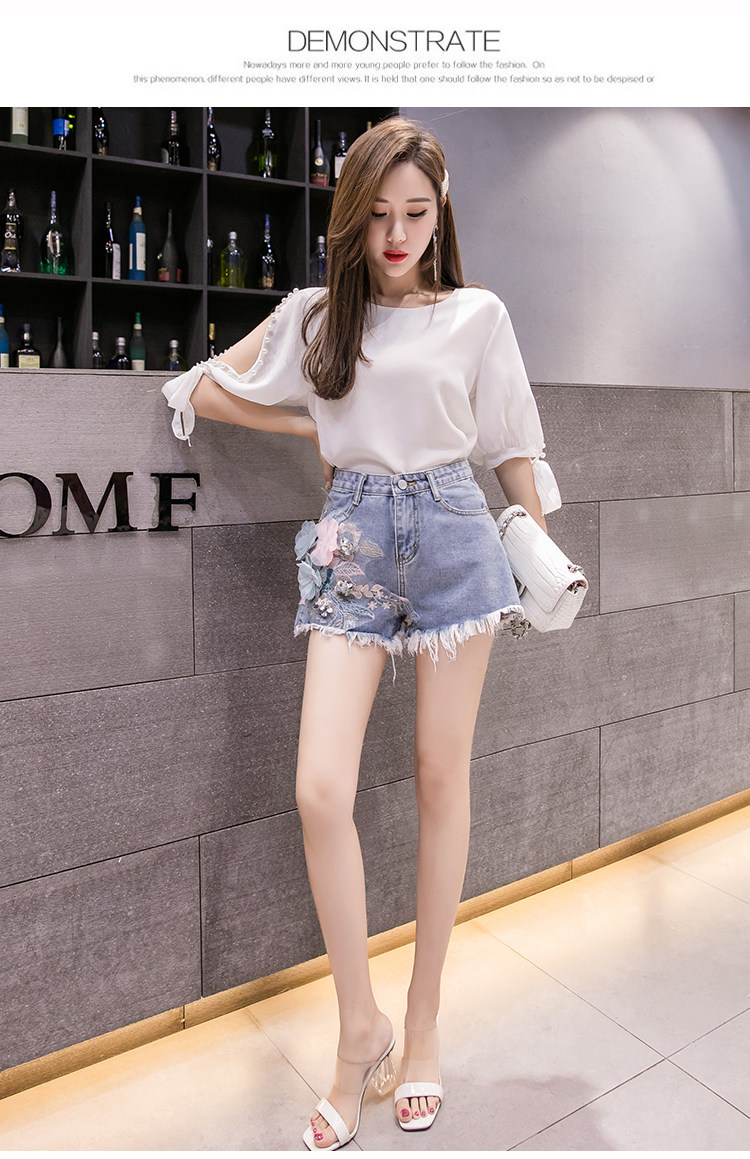 新款牛仔短裤热裤宽松刺绣立体花朵优雅气质流苏牛仔裤1018