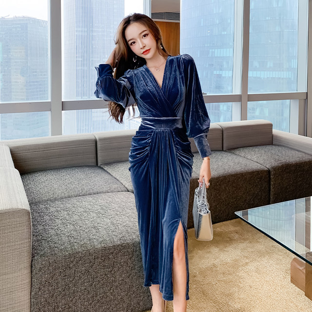 Autumn and winter gold velvet dress noble and elegant temperament women's decoration body slit lady style skirt high-end dress Autumn and winter gold velvet dress noble and elegant temperament women's decoration body slit lady style skirt high-end dress