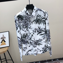 Printed shirt mens long sleeve trend autumn night mens net red handsome handsome color shirt shirt Korean version of self-cultivation tide