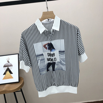 Tide brand loose stripe shirt collar short sleeve T-shirt men ins Korean version trend tremble sound 5 Half sleeve 7 seven seven sleeves shirt