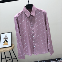 Pink shirt mens long sleeve Korean version of the trend of personality handsome men very fairy printed pollen shirt casual fashion tide