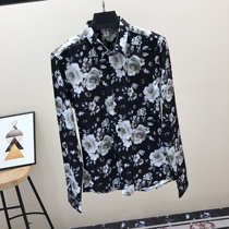 Mens autumn flower shirt Korean version of the trend Handsome print very fairy shirt mens ruffian handsome flower color hair stylist tide dress