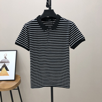 Summer trend Korean shirt collar short sleeve polo shirt black and white stripes with lead short sleeve T-shirt mens lapel clothes
